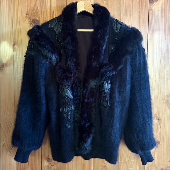 Vintage Jackets & Blazers - Vintage 70s Rabbit Fur Angora Mix Beaded appliqué Jacket